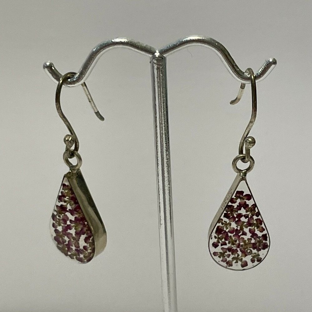 925 ATI MEXICAN STERLING SILVER SIGNED TEARDROP EARRINGS Resin With FLOWERS Hook